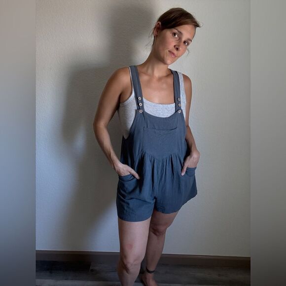 Romper Overalls Adjustable Boho Rayon Linen Blue Gray Medium - Picture 1 of 12